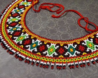 Seed bead multicolor ethnic necklace, Ornament beaded necklace