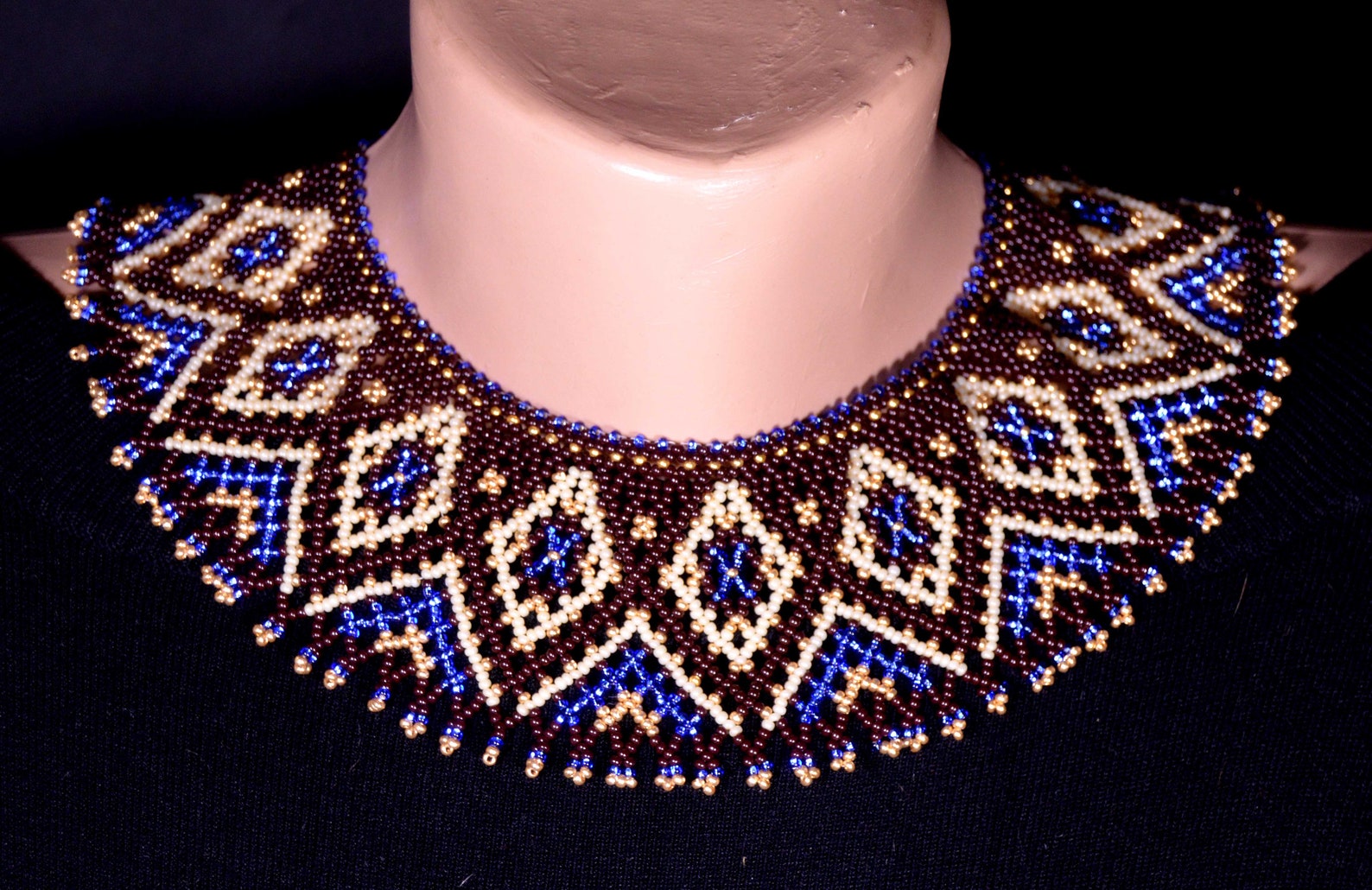 Beaded Collar Necklace Seed Bead Necklace Brown Blue Beige Etsy