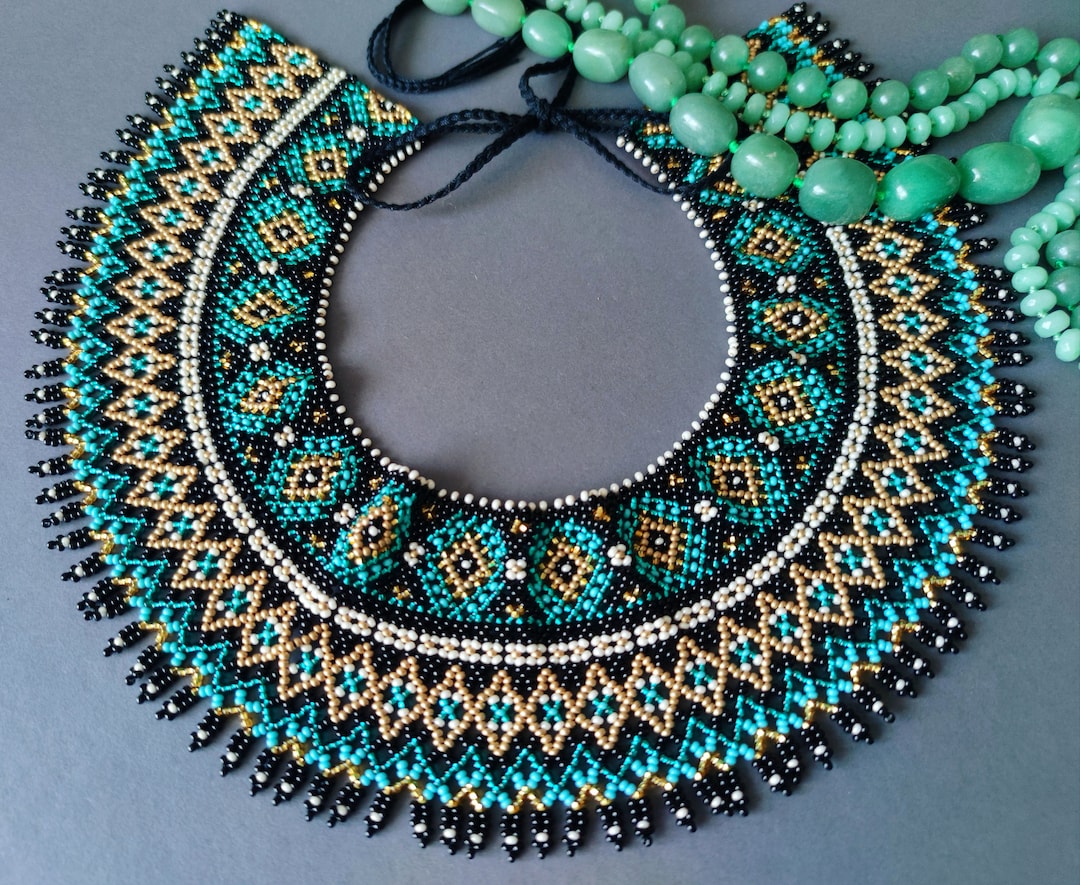 Emerald Turquoise Black and Gold Beaded Necklace, Seed Bead Collar ...