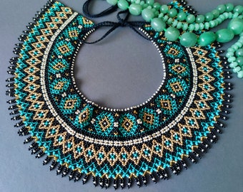 Emerald turquoise black and gold beaded necklace, seed bead collar necklace