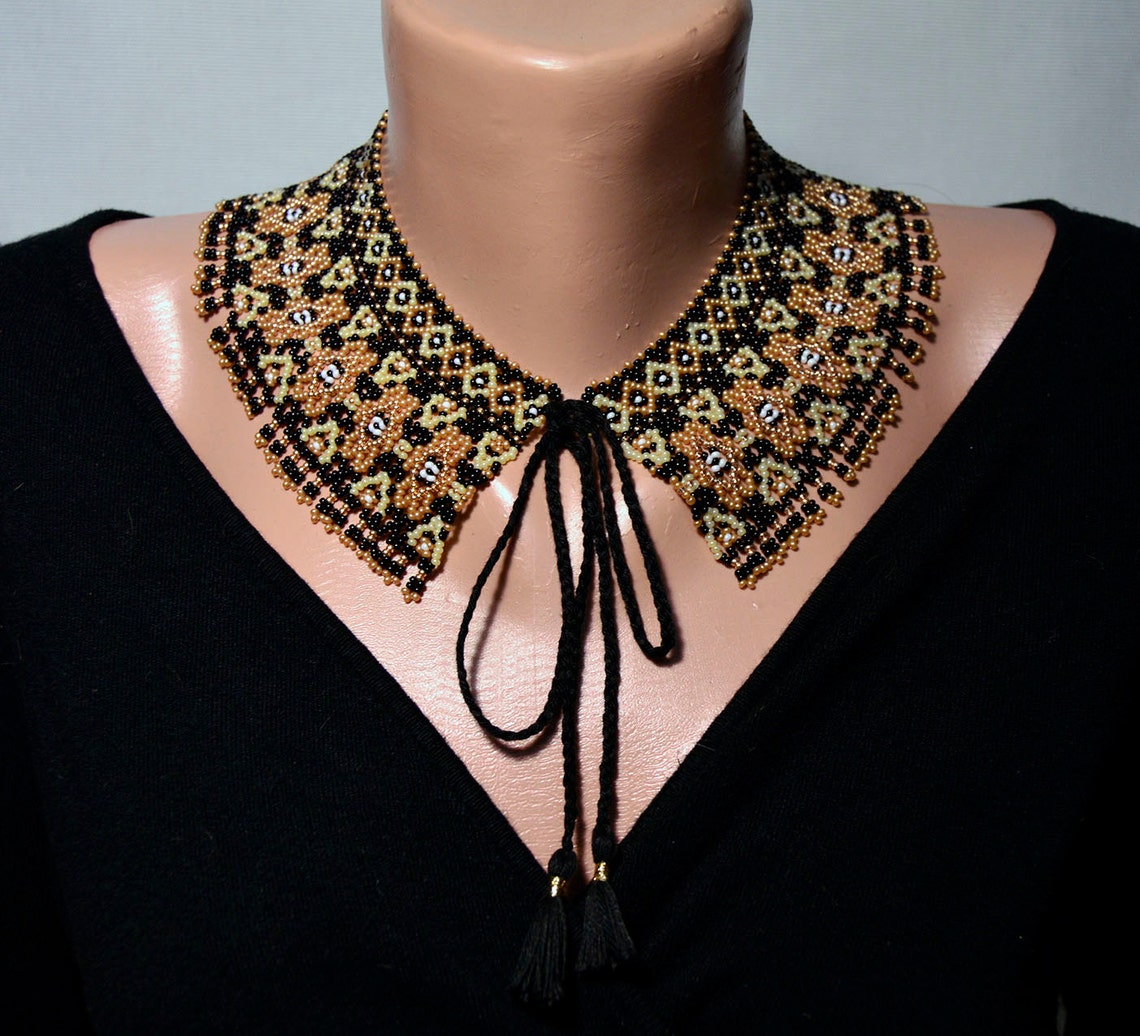 Black gold beaded necklace Seed bead collar necklace Etsy