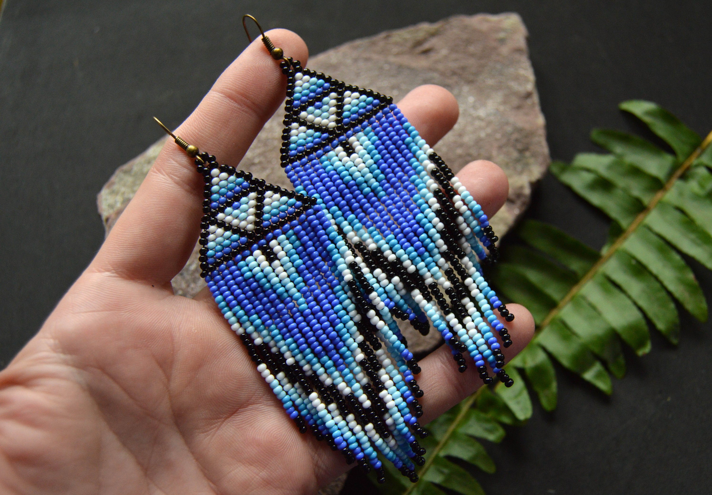 Beaded Blue Black Earrings, Native American Seed Bead Earrings - Etsy