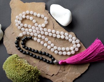 Rose quartz 108 bead mala necklace, Tassel necklace, Miditation necklace