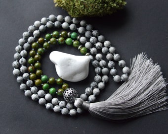 Mala necklace, 108 beads mala necklace, Grey Picasso Jasper, Green Jasper mala necklace, Yoga miditation necklace