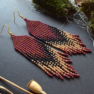 Long beaded fringe earrings, Gradient beaded earrings