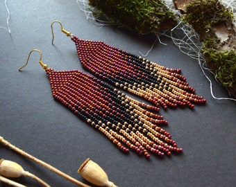 Long beaded fringe earrings, Gradient beaded earrings