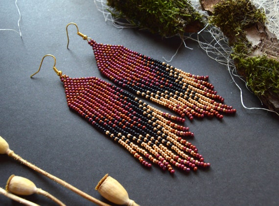 Long Beaded Fringe Earrings, Gradient Beaded Earrings 