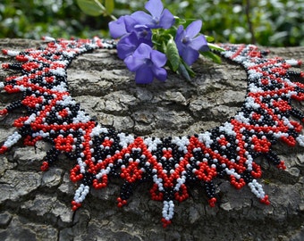 Black Red White beaded handmade necklace Ukrainian traditional necklace