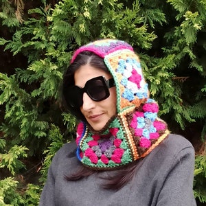 Granny square balaclava, Crochet wool hood, Crochet balaclava, Colorful balaclava, Wool hat, Winter hat, Christmas gift, Handmade hat