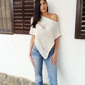 Ivory poncho, cotton loose knit cover up, summer shawl boho