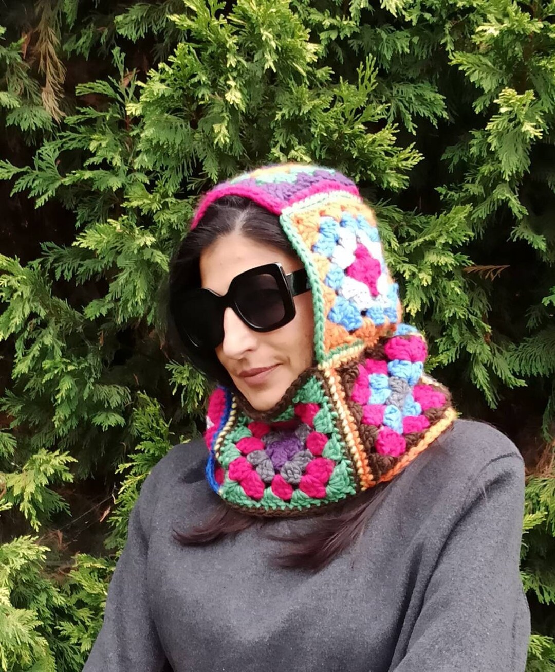 Granny Square Balaclava, Crochet Wool Hood, Crochet Balaclava, Colorful
