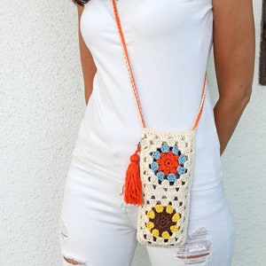 Uncinetto Telefono a tracolla, Nonna Borsa quadrata, Custodia per telefono, Supporto per cellulare, Borsa estiva, Borsa all'uncinetto, Custodia per occhiali da sole