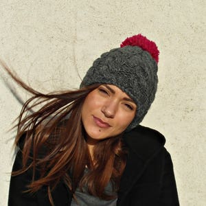 Womens Winter Hat, Charcoal Gray hat, Pom Pom Hat, Womens Knitted Beanie, Winter Beanie, Women&#39;s hat, EllenaKnits