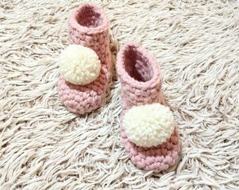 Kids shoes, Crochet  booties, Toddler girl slippers, Pink flats, Baby girl booties, Girls' gift, Pom pom booties, EllenaKnits slippers