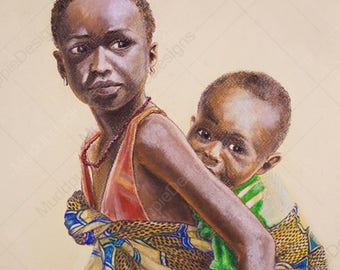 African Children art prints Chalk Pastel PORTRAIT from Photo Realistic African kid DRAWING colourful fabric piggy back baby drawing wall art