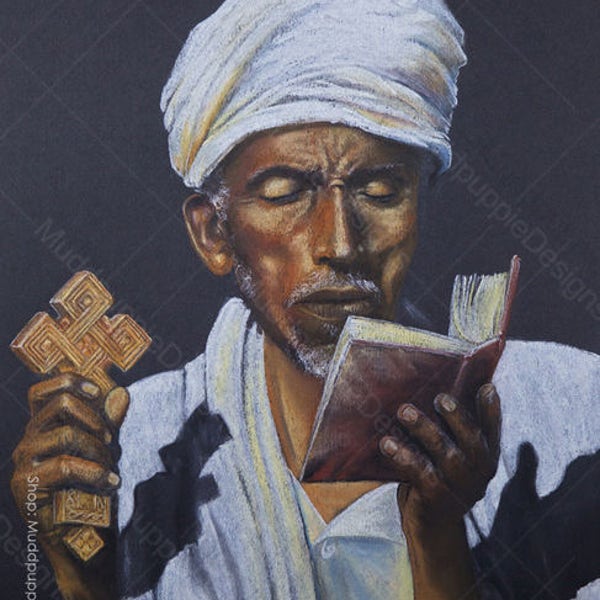 African Priest Large PORTRAIT Ethiopian Monk - Realistic artwork Chalk Pastel DRAWING colour bible cross african Wall art room decor