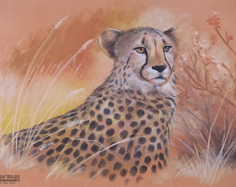 Big Cat WILDLIFE print realistic artwork CHEETAH Chalk Pastel Drawing peach orange black Gift Nature Autumn grass Africa pattern cats