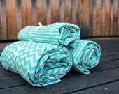 Fitted cot / crib sheets & change mat cover set - aqua chevron and stripe fabric