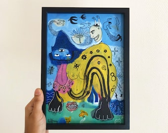 Painting A4 21x29.7 original acrylic work - Free abstract and figurative art - Intuitive drawings - Colorful decoration on paper