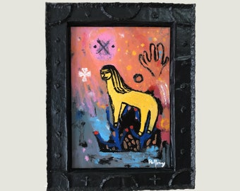 Framed acrylic painting 38x30 cm - unique work on canvas signed - Primitive raw art ready to hang, interior one of a kind wall decoration -