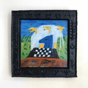 Peinture originale encadrée – Œuvre unique sur carton entoilé 20x20 cm  – Art brut & créole, décoration intérieure abstraite et figurative