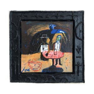Peinture originale encadrée - Acrylique sur carton entoilé - 20x20 cm - Papier mâché - Art singulier libre - Abstrait et figuratif