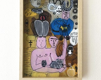 Small acrylic painting on A4 paper, colorful naive art, expressive surreal and psychedelic art