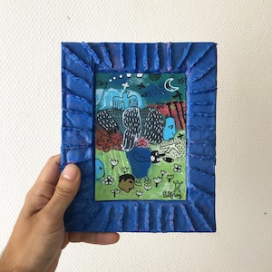 Original acrylic painting - Unique mini work on framed paper - Outsider art - Figurative and abstract painting - Home decor - Naive art