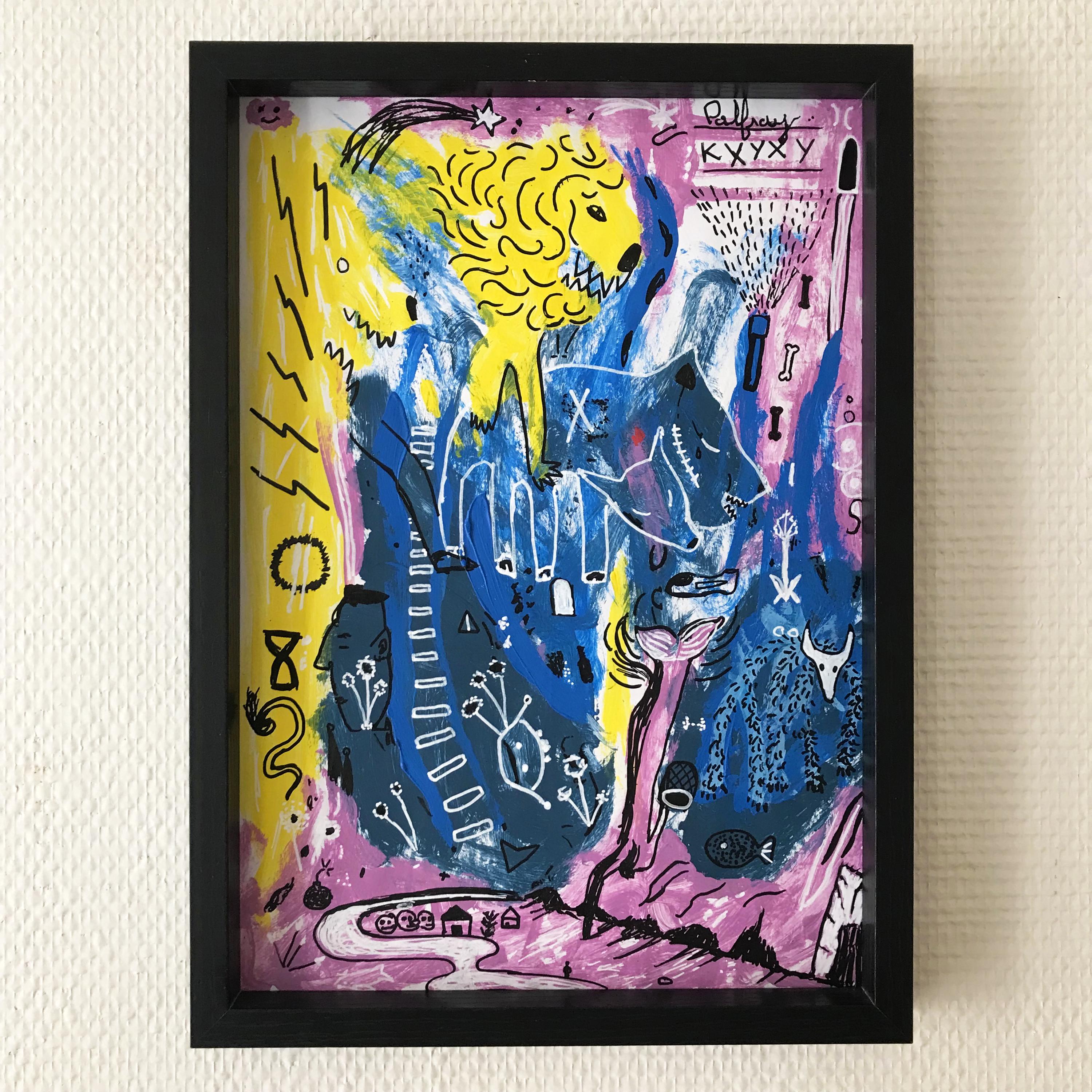 A4用紙に描いたアクリル画、オリジナルのサイン入り作品、カラフルな 