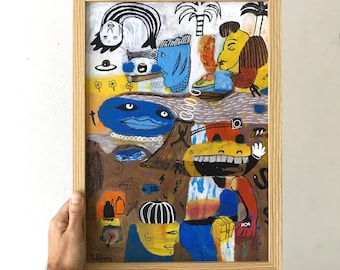 May include: A framed abstract painting in a light wood frame. The artwork depicts colourful, whimsical figures and shapes, including faces, palm trees, and a smiling character. The painting has a unique, expressive style.