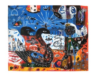Acrylic painting on canvas – Expressionist art brut, naive, abstract and figurative art – 36x46 cm – Interior wall decoration