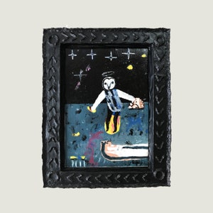 Original Painting "Chouette" – Naïve & Brut Art – Unique Acrylic on Canvas – Handmade Papier-Mâché Frame – 38x30 cm