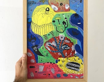 May include: Abstract artwork in a light wood frame. The painting features a yellow figure with a patterned skirt, blue, red, and green shapes, and small black birds against a blue background. The artwork is held by a hand.
