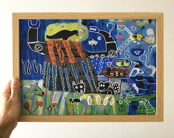 A3 Acrylic painting on paper, signed handmade original artwork, contemporary expressionist art, modern interior design, naive art painting