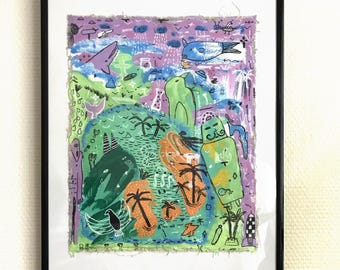 May include: A colorful abstract painting on canvas with a whimsical style. The painting features a variety of shapes and figures, including a green monster, a blue fish, and a purple bird. The background is a mix of purple, blue, and green.