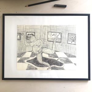 Disegno originale a penna a sfera – illustrazione art brut su carta – arte singolare, figurativa e spontanea – inchiostro su carta da schizzo