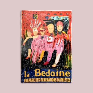 Dipinto art brut su manifesto pubblicitario d'epoca deviato – Opera originale 46x66 cm – Astratto e figurativo – Arte singolare francese