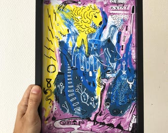 Acrylverf op A4-papier, origineel gesigneerd werk, kleurrijke abstracte schilderkunst en figuratieve tekening, unieke vrije kunst, interieurdecoratie