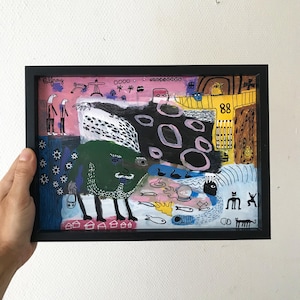 Acrylic painting A4 paper – handmade naive raw art – intuitive drawing and abstraction – freeform art – Wall art decoration for home