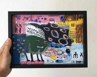 Uniek acryl schilderij op A4 papier – kleurrijke naïeve art brut – intuïtieve tekening en abstractie – acryl – Gratis kunst wanddecoratie