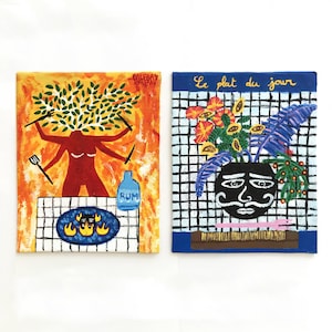 2 Paintings original work on canvas, unique copy, art brut, singular art, naive, folkloric, contemporary drawing, wall decoration