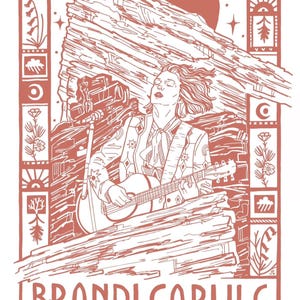 May include: A monochromatic terracotta-colored concert poster featuring a musician playing an acoustic guitar in front of Red Rocks. The text reads BRANDI CARLILE, SEPTEMBER 11-13 2026, RED ROCKS, COLORADO, surrounded by decorative botanical border panels.