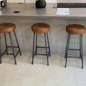 Bar Stool with Leather Seat – Handmade in UK – Industrial Steel Frame – Custom Height – Upholstered Kitchen Island Seating