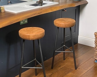 Three Legged Bar STOOL With Leather Seat - TRIPPIE HYDE Upholstered Raw Steel Stool