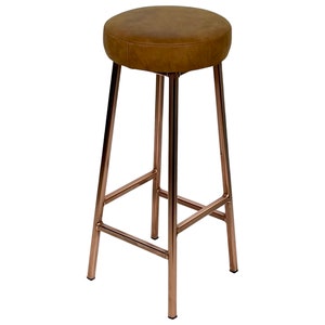 May include: A brown leather bar stool with a copper metal frame. The stool has a round seat and a simple design.