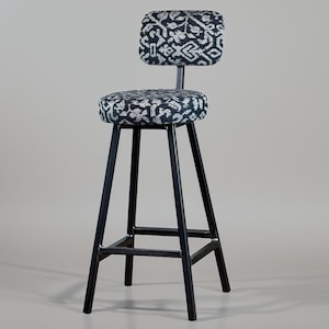 Custom Fabric Bar Stool with Backrest – Rodney Faber – Single Stanchion Support – 25mm Box Steel  – Handmade in UK – Bespoke Height & Fabric