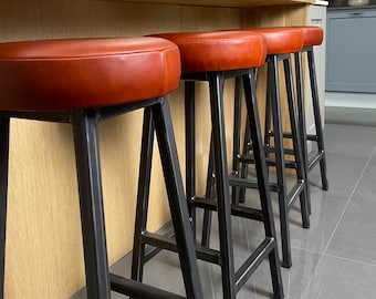 CHARLIE HYDE Chunky Bar STOOL With Leather Seat – Backless Steel Kitchen Island Stools