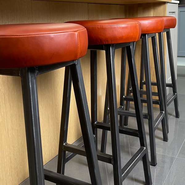 CHARLIE HYDE Chunky Bar STOOL With Leather Seat – Backless Steel Kitchen Island Stools