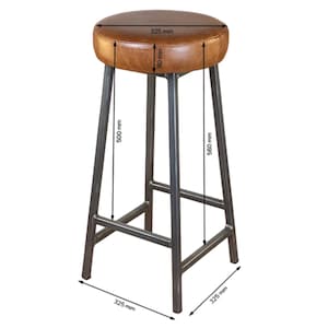 May include: A brown leather bar stool with a round seat and a dark metal frame. The seat is 325 mm in diameter and 80 mm thick. The stool's height is 560 mm, and the base is 325 mm wide.