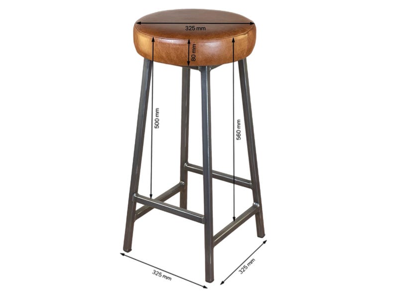 May include: A brown leather bar stool with a round seat and a dark metal frame. The seat is 325 mm in diameter and 80 mm thick. The stool's height is 560 mm, and the base is 325 mm wide.